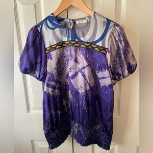 whitley by Johnny Was Purple Embroidered Silk Puff Sleeve Smocked Waist Blouse S